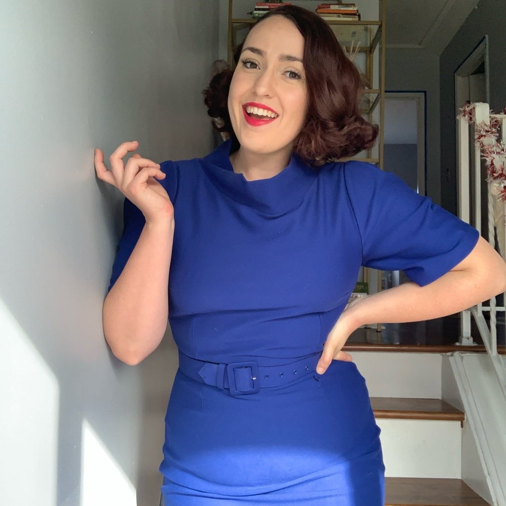 Vintage Blue Sheath Midi Dress Mock Neck